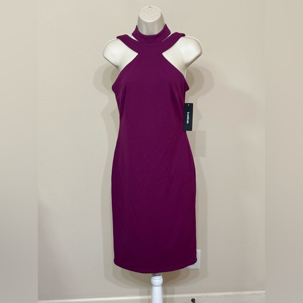 Bebe Women’s Purple Halter Neck Sleeveless Comfort Elegant Midi Bodycon Dress 4